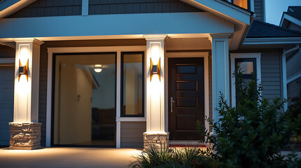 Naklejka premium Modern House Exterior at Night. Attractive home entrance with stylish lighting and landscaping. Real estate photography.