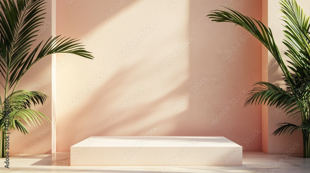 Aufkleber elegant 3d podium displaying empty space with palm plants and soft light