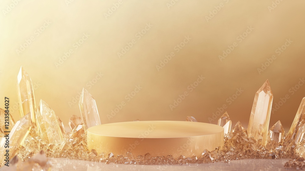 Poster elegant 3d podium surrounded by crystals with ample empty space for display