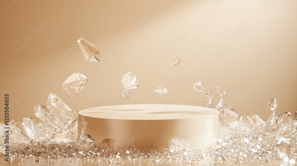 Aufkleber elegant 3d podium surrounded by sparkling crystals and ample empty space