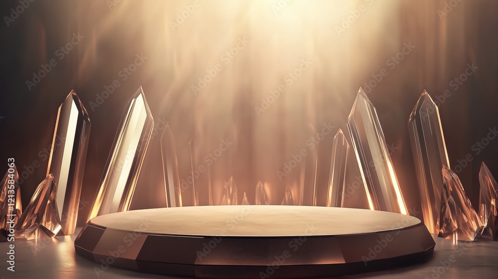 Poster elegant 3d podium surrounded by crystal structures and ample space for use