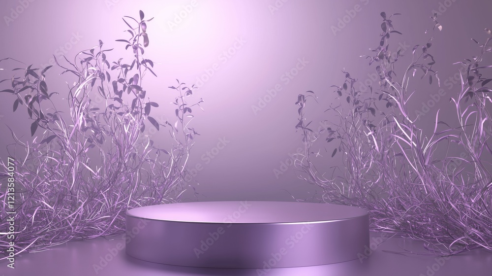 Poster elegant 3d podium surrounded by ample empty space and delicate flora