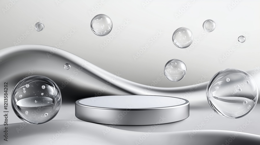 Poster stylish 3d podium with empty space and bubbles on silver background
