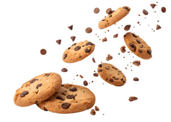 Falling chocolate chip cookies isolated on transparent or white background 