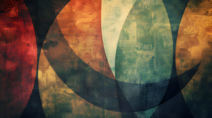 Abstract composition with layered shapes and textures in warm and cool tones.