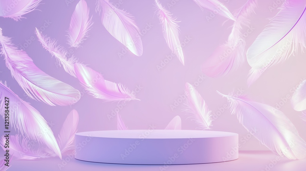 Poster stylish 3d podium with ample empty space surrounded by floating feathers