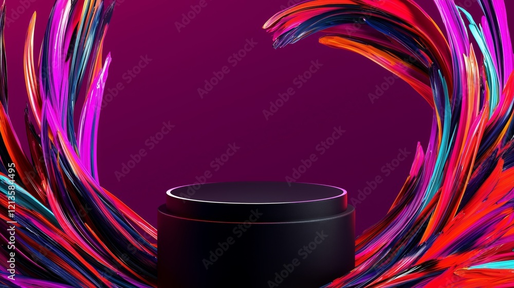 Poster sleek 3d podium in empty space surrounded by colorful abstract swirls