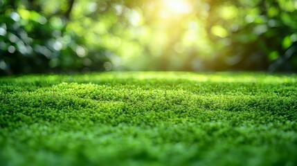 Naklejka premium Soft green moss growing in a lush forest, creating a beautiful natural backdrop ideal for product montage displays in an organic and serene setting.