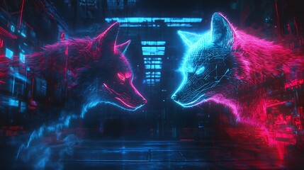 Futuristic neon wolf and fox clashing in a cyberpunk environment with bright holograms