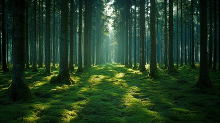 Fototapeta premium Lush green moss covering the forest floor, creating a natural backdrop ideal for montage display of products with a serene and earthy vibe.