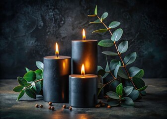 Macro Photography: Burning Candles, Eucalyptus, Dark Background - Dramatic Still Life