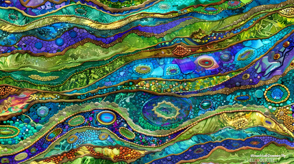 A vibrant abstract pattern featuring flowing waves of color and texture.