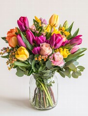 Springtime Bouquet: A vibrant and cheerful bouquet of pink, yellow, and orange tulips and roses arranged in a glass vase, creating a delightful splash of color and fragrance.  