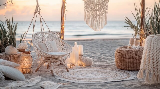 Cozy boho beach setup with rattan furniture and macrame decor at sunset