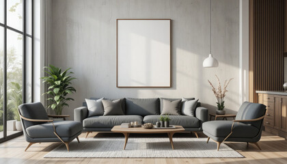 Obraz premium Frame Mockup on Living Room Wall, Modern Interior Design with 3D Render.