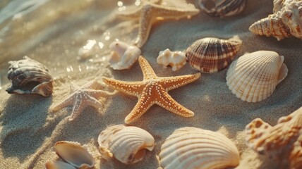 Various seashells and starfish on warm sandy beach