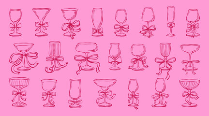 Valentine day cocktail hand drawn set. Vector coquettish ribbon bow, wine glass wedding celebration beverage. Line art cocktail event invitation illustration.