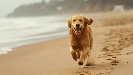 Happy golden retriever running on beach, joyful