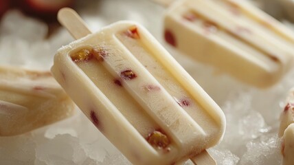 Creamy ice pops with fruit pieces on