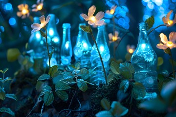 Illustration of A whimsical forest where plastic bottles grow like flowers, glowing softly in the moonlight, creating a surreal and enchanting atmosphere. Ai Generate.