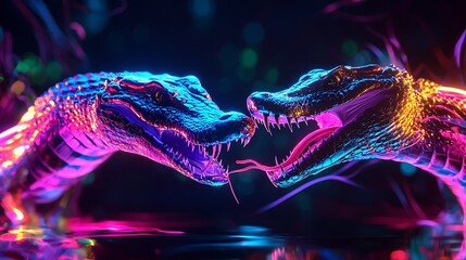 Futuristic neon crocodile and snake clashing in a digital environment with vibrant lights