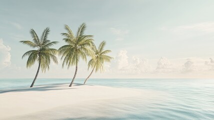 Fototapeta premium Three palm trees on small sandy island with turquoise sea and serene sky