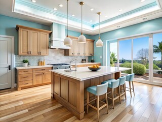 Fototapeta premium Minimalist Kitchen Design: Sky Blue Walls, Light Wood Cabinets, Marble Island