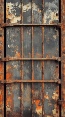 Rusty metal door with an old, weathered texture on a vintage building wall, featuring brown, corroded surfaces and rustic details, evoking a sense of age and rural charm