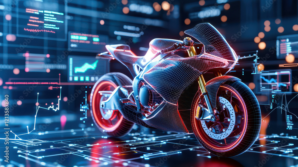 Leinwandbilder 3D digital model of motorcycle with futuristic design, surrounded by high tech graphics and data visualizations, showcasing innovation and technology