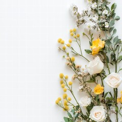 Floral Elegance: Delicate white and yellow roses and blossoms arranged in a graceful, asymmetrical line against a clean backdrop, creating a sophisticated and inviting floral design.