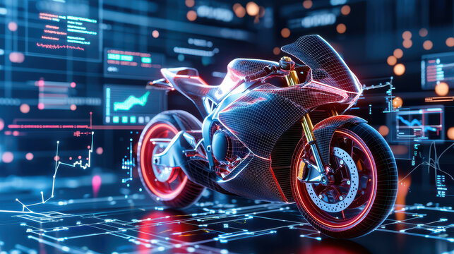 3D digital model of motorcycle with futuristic design, surrounded by high tech graphics and data visualizations, showcasing innovation and technology