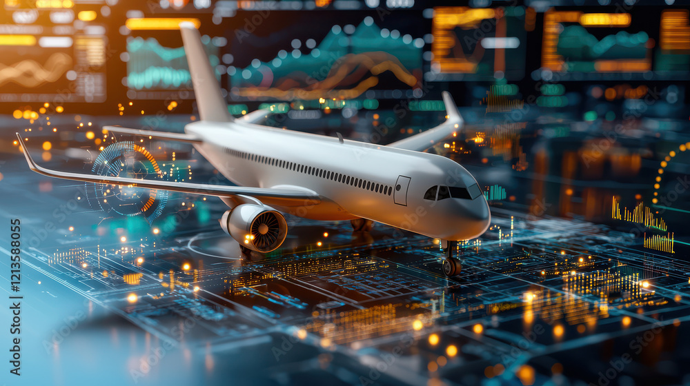 Aufkleber 3D digital model of aircraft on high tech interface, showcasing data analytics and futuristic technology. scene conveys innovation and advanced aviation concepts