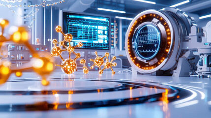Fototapeta premium Futuristic medical research equipment with glowing molecular structures and advanced technology. scene conveys innovation and scientific exploration in high tech laboratory