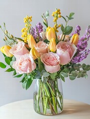 Pastel Dream Bouquet: A delicate arrangement of blush pink roses and sunny yellow tulips, accented with sprigs of lavender and eucalyptus, sits elegantly in a clear glass vase.