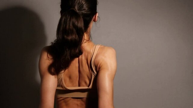Health sport sexy woman doing stratching exercises for shoulders, scapula and healthy upper back, attractive body lifestyle. Curves female brunette  model in bra on studio low key shadow. Back view