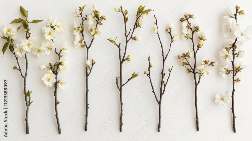 Poster a row of white flowers with some branches showing. generative ai