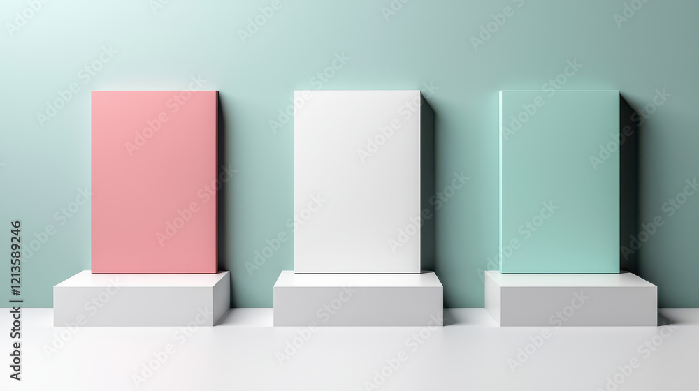 Aufkleber minimalist display of three geometric pedestals with pastel colored panels. soft hues create serene 