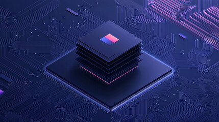 Abstract digital chip layers on circuit board.