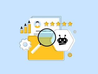 AI in HR - artificial intelligence for talent acquisition, employee analytics, automated recruitment, performance tracking and workforce management in digital workplace environment vector illustration