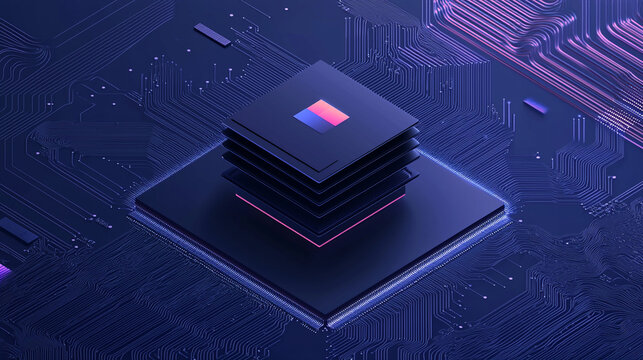 Abstract digital chip layers on circuit board.