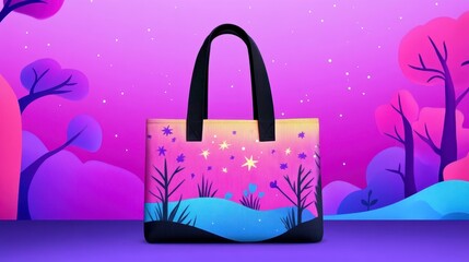 Colorful tote bag with abstract nature design on vibrant background