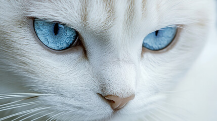 a minimalist tabby cat in Tokyo city, face on camera, blue eyes, in tone of white.