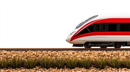 Sleek High-Speed Train Model on Miniature Landscape, Isolated on White
