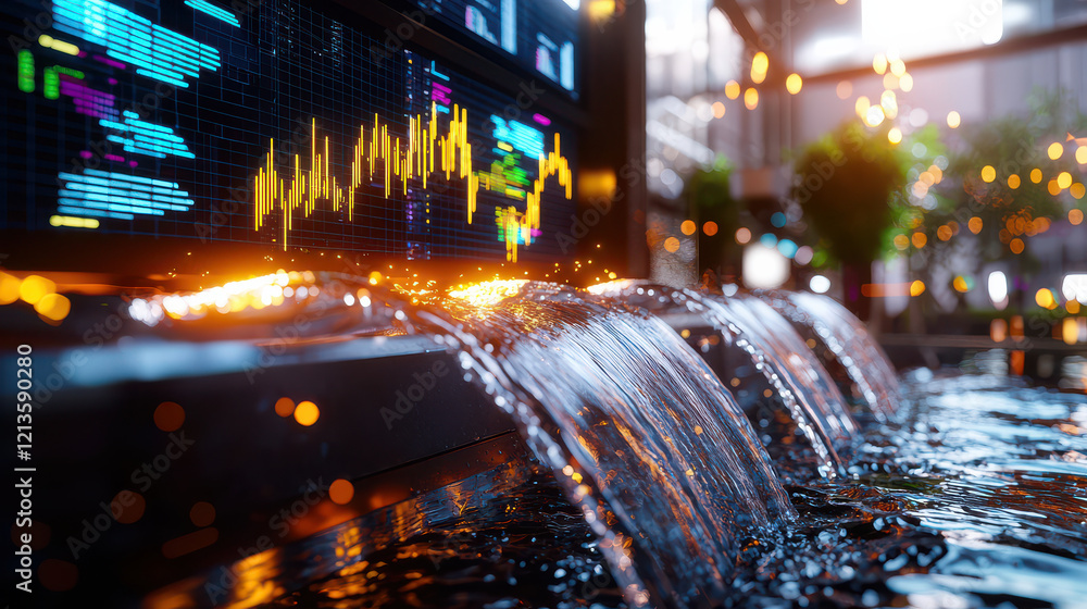 Poster 3d rendering of water flowing through modern technological environment, showcasing vibrant lights an