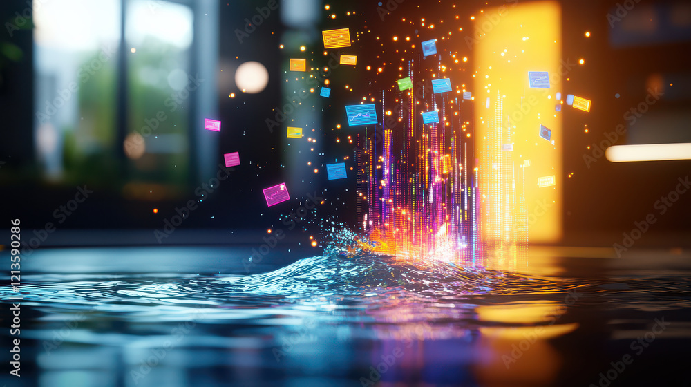 Poster vibrant 3D rendering of water splashing with colorful data visualizations emerging from surface, symbolizing technology and innovation