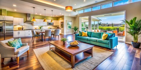 Obraz premium Open Concept Living Room Kitchen Design, Wide Angle Coffee Table, High Depth of Field Interior Photography