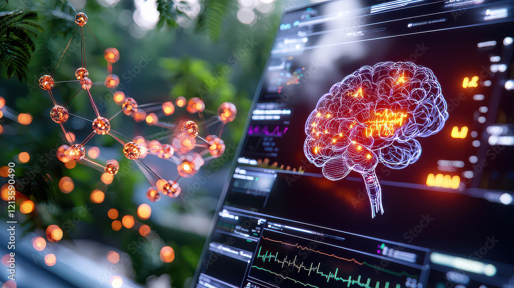 Poster digital representation of brain and molecular structure, symbolizing mental health and wellness. vib