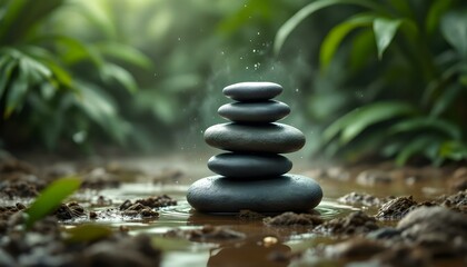 zen, stones, tall, stack, irregular, shapes, rugged, textures, smooth, rock, seashore, wet, waves, gentle, washing, reflections, soft, goldenhour, sunlight, warm, hyperrealistic, detail, serene, 