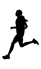 A silhouette of a female runner mid-stride, wearing athletic clothing and sneakers, against a plain white background