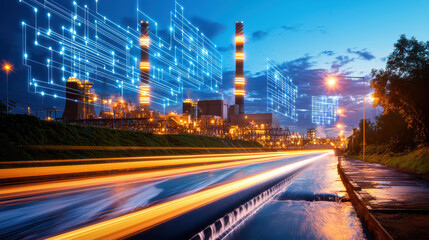 Fototapeta premium cinematic landscape of hydroelectric facility at dusk, showcasing illuminated structures and flowing water, with digital overlays representing technology and innovation